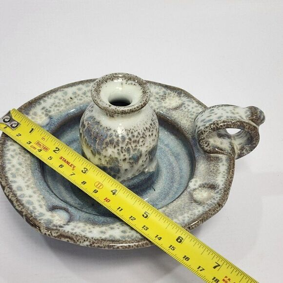 Alewine Pottery 4" Candle Holder Handle Brown Blue Speckle Incense 2011 Signed - Picture 3 of 10